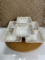 Homestar Decoratie - Vierkant - snack schaal Set - 12cm - 6 stuks - Porselein - wit goud - nootjes schalen - ovaal - bloem design - Gold - Tappasschaal