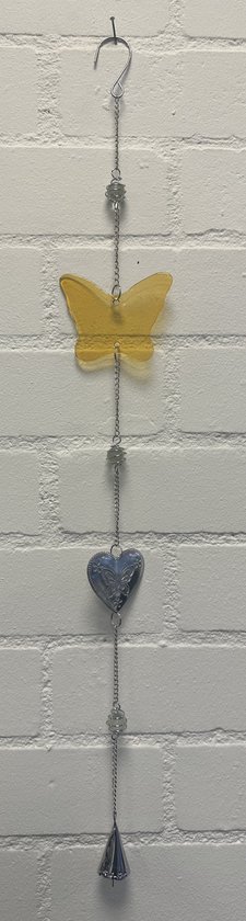Deco hanger "Vlinder" met metalen ketting - glas + metaal - vlinder & hart+vlinder - Zilveren ketting + gele vlinder - lengte 76 cm - Woondecoratie - Woonaccessoires