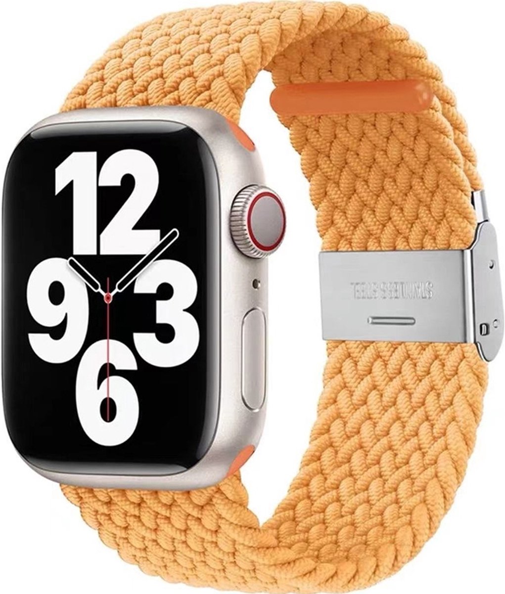 Mobigear Braided Nylon Watch bandje geschikt voor Apple Watch Bandje Klemsluiting - 49/45/44/42 mm - Geel