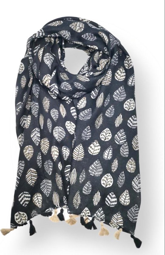 Lange dames sjaal Dagmar fantasiemotief bladerenmotief zwart taupe wit antraciet grijs