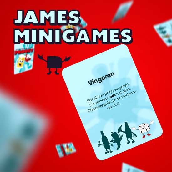 Spelkaart met de titel 'Vingeren'. Een dobbelsteen, een flesje, een peper en een flesje spelen.
