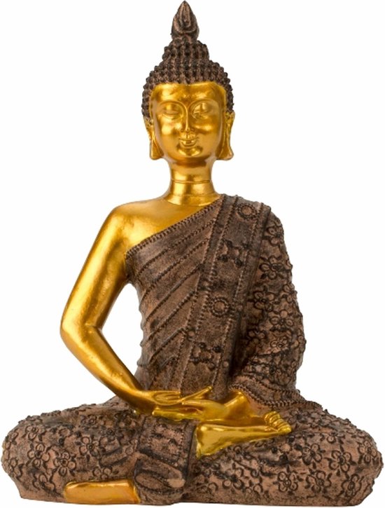 Boeddha beeldje zittend - binnen/buiten - kunststeen - zwart/goud - 17 x 23 cm - Relaxed