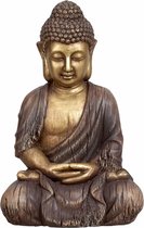 Statue de Bouddha assis - intérieur/extérieur - pierre artificielle - marron/or - 30 x 45 cm - avec les mains jointes