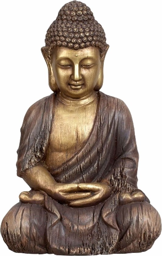 Boeddha beeldje zittend - binnen/buiten - kunststeen - bruin/goud - 30 x 45 cm - met gevouwen handen