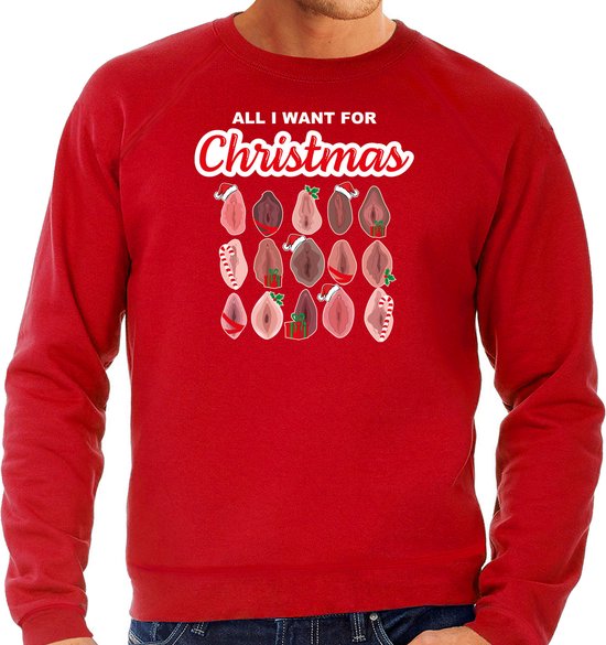 Bellatio Decorations foute kersttrui/sweater voor heren - All I want for Christmas - vagina - rood XL