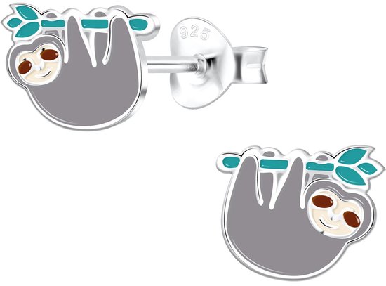 Joy|S - Zilveren luiaard oorbellen - 8 x 7 mm - grijs
