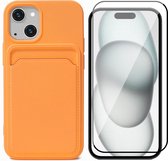 Hoesje Pasjeshouder geschikt voor iPhone 15 - Screenprotector FullGuard - Siliconen Case Back Cover Oranje & Screen Protector