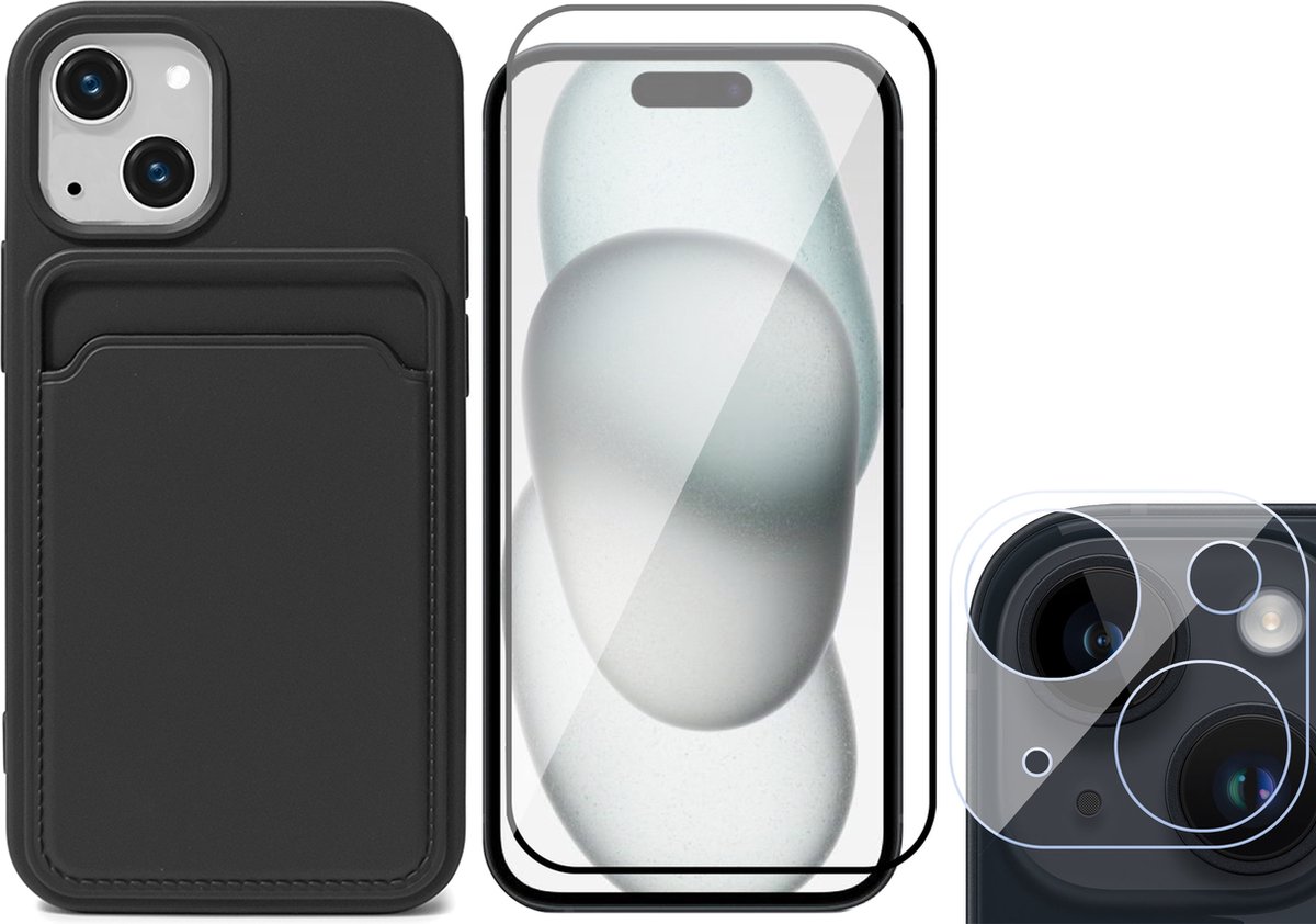Hoesje Pasjeshouder geschikt voor iPhone 15 Plus - Screenprotector FullGuard + Camera Lens Screen Protector - Siliconen Case Back Cover Zwart
