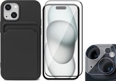 Hoesje Pasjeshouder geschikt voor iPhone 15 Plus - Screenprotector FullGuard + Camera Lens Screen Protector - Siliconen Case Back Cover Zwart