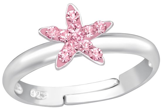 Joy|S - Zilveren ster ring - verstelbaar - roze kristal - voor kinderen