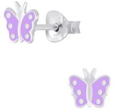 Joy|S - Zilveren vlinder oorbellen - lila paars met witte stipjes