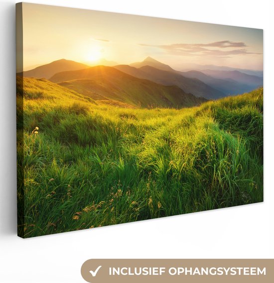 Canvas - Canvas natuur - Gras - Bergen - Zon - Natuur - Muurdecoratie - Kamer decoratie - Canvasdoek - 60x40 cm - Woonkamer