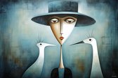 JJ-Art (Aluminium) 60x40 | Vrouw met hoed en vogels, modern minimalisme, abstract, kunst, woonkamer | mens, portret, blauw bruin, oranje, wit | foto-schilderij op dibond, metaal wanddecoratie