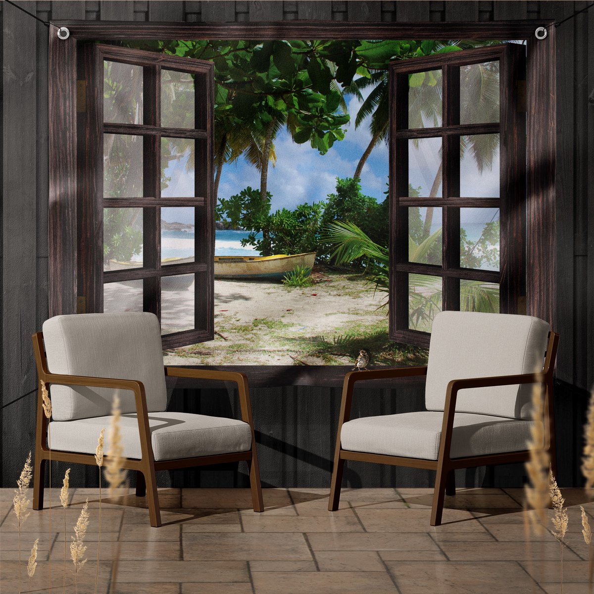 tuinposter Tuindoek doorkijk door openslaand venster naar een tropisch eiland - 180x120 cm - tuinposter - tuinposter doorkijkje – Doorkijk tuinposter - tuinposter doorkijk xxl – Tuinposter buiten met een zee, strand en palmbomen