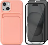 Hoesje Pasjeshouder geschikt voor iPhone 15 - Privacy Screenprotector FullGuard - Siliconen Case Back Cover Roze & Screen Protector