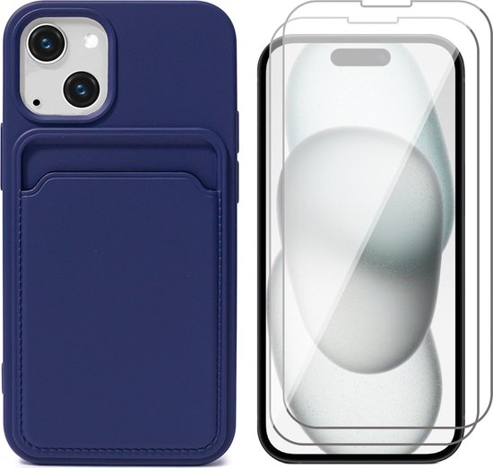 Hoesje Pasjeshouder geschikt voor iPhone 15 - 2x Screenprotector GlassGuard - Siliconen Case Back Cover Blauw & Screen Protector
