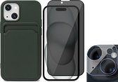 Hoesje Pasjeshouder geschikt voor iPhone 15 Plus - Privacy Screenprotector FullGuard + Camera Lens Screen Protector - Siliconen Case Back Cover Groen