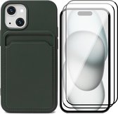 Hoesje Pasjeshouder geschikt voor iPhone 15 Plus - 2x Screenprotector FullGuard - Siliconen Case Back Cover Groen & Screen Protector