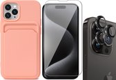 Hoesje Pasjeshouder geschikt voor iPhone 15 Pro - Screenprotector GlassGuard + Camera Lens Screen Protector Zwart - Siliconen Case Back Cover Roze