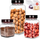 Set van glazen opbergpotten, glazen voedselcontainers met brede opening en luchtdichte deksel, verpakking van 3 keukencontainers voor snoep, koekjes, rijst, suiker, bloem, noten en kruiden.