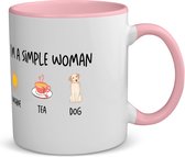 Akyol - i'm a simple woman sunshine, tea, dog koffiemok - theemok - roze - Quotes - vrouwen die simpel zijn - quotes - verjaardagscadeau - verjaardag - cadeau - kado - geschenk - gift - 350 ML inhoud