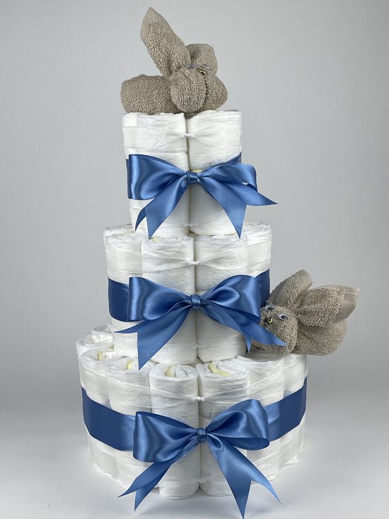 Chouette-Chouette | Luiertaart Jongen | Kraamcadeau | Geboorte Jongen | Babyshower | Konijnen Cream - diep Blauw