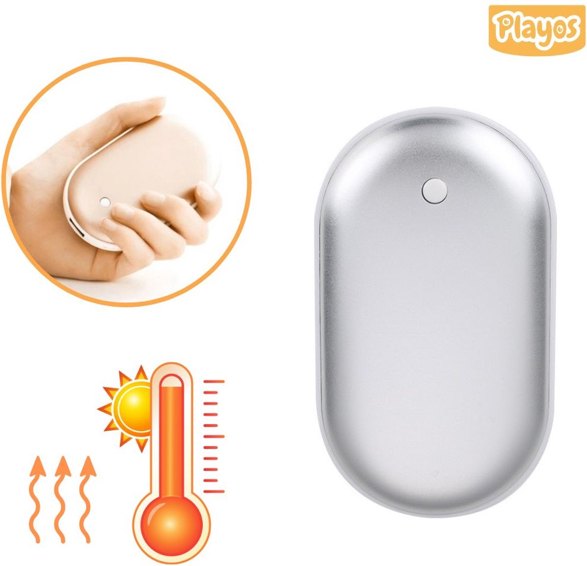 Goedkoopste Playos® - Oplaadbare Handwarmer - met Powerbank - Zilver - 3 Standen - tot 55 °C - 4000 mAh - Herbruikbaar - USB - Herbruikbare Handwarmer - Winter - Verwarming - Koude Handen
