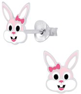 Joy|S - Zilveren konijn oorbellen - roze strikje