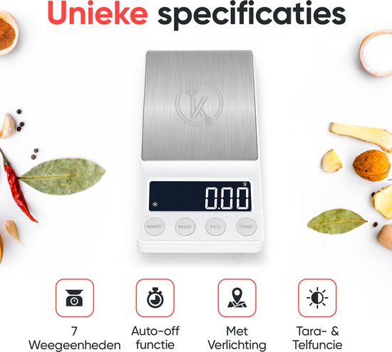 Witte keukenweegschaal met zilverkleurig weegoppervlak, display met '0.00'. Iconen: '7 Weegheden', 'Auto-off functie', 'Met Verlichting', 'Tara- & Telfunctie'.
