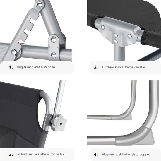 tectake® - ligstoel, robuust, verstelbaar, stalen onderstel met zonnescherm, 4-standen rugleuning inclusief hoofdkussen, strandstoel Ideaal voor tuin, zwembad, camping– zwart- 68 x 190 x 28 cm - Merkloos