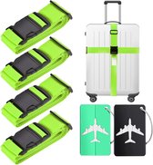 Bagageband, 4 stuks, kofferriemen met 2 kofferhangers, kofferband, riem, zware belasting voor reizen (groen fluorescerend)