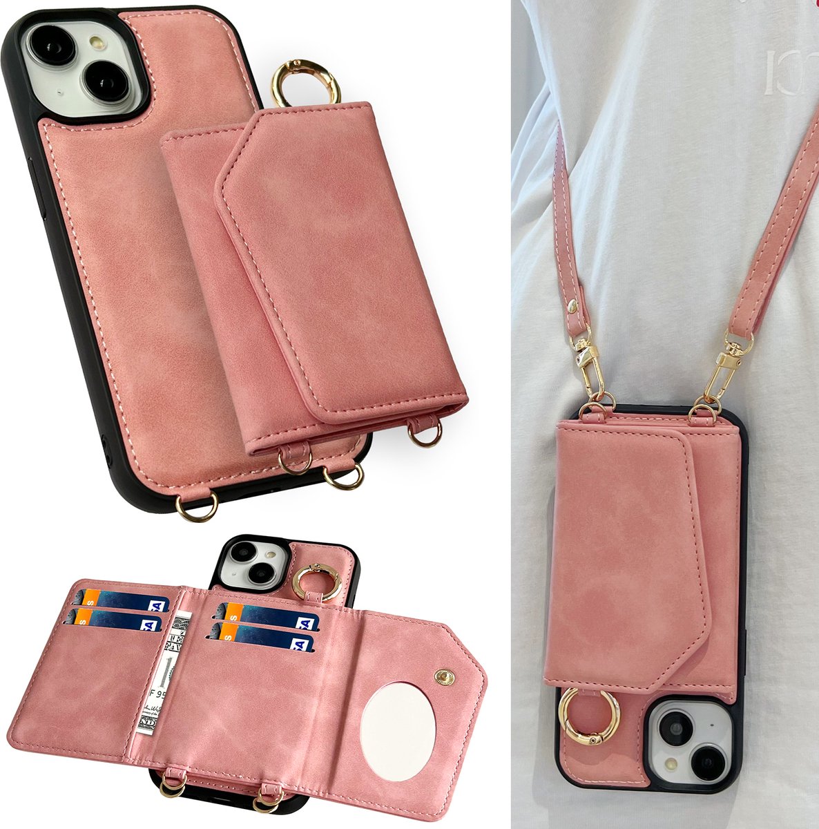 Casemania Hoesje Geschikt voor Apple iPhone 15 Plus - Pale Pink - Luxe Telefoonhoes met Koord - Wallet Case met Spiegeltje en Pasjeshouder - Crossbody Draagbaar Alles-in-één Back Cover
