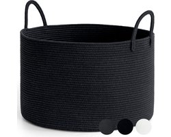 Wasmand, gevlochten opbergmand, grote katoenen mand, handdoekmand voor badkamer, mand voor dekens woonkamer, kussens, babyspeelgoed, opbergmand, 55 x 35 cm, rond, zwart