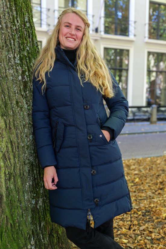 Lange dames winterjas - Gewatteerd en getailleerd - Donkerblauw - Maat XXL (44)