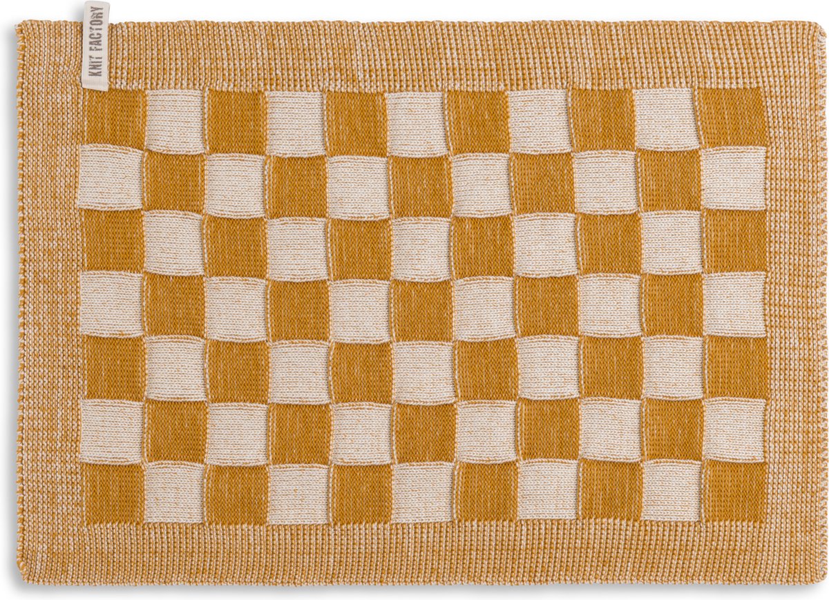 Knit Factory Gebreide Placemat Block - Rechthoek - Dubbelzijdig te gebruiken - Eetmat - Onderlegger - Ecru/Oker - Geel - 50x30 cm