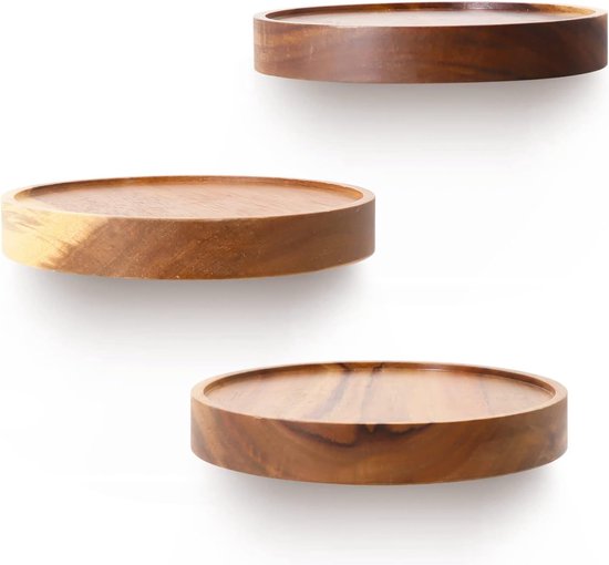 Zwevende Houten Wandplank, rek, rond, kleine wandplank, planken, wandplanken, decoratief rek, plantenrek, houten plank, wandplank, hangplank, beukenhout, set van 3, bruin (diameter Ø 15 cm)