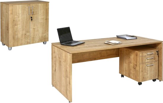 Foto: Furni24 bureauset nuvi saffier eiken decor bestaande uit bureau 160 cm rolblok met 3 laden archiefkast met deuren verstelbare plank 80 cm hoog