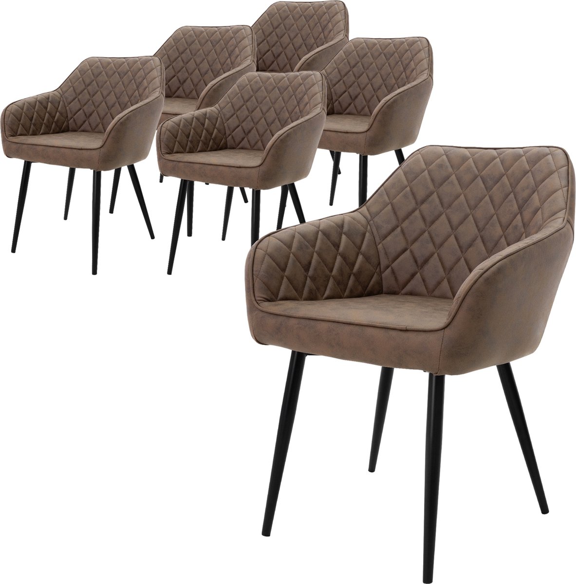 ml-design Eetkamerstoelen set van 6 met armleuningen en rugleuning, bruine stoelen met comfortabele kunstlederen bekleding, stevige keukenstoelen met zwarte metalen poten, ergonomische en moderne stoelen voor eetkamer en woonkamer in huis
