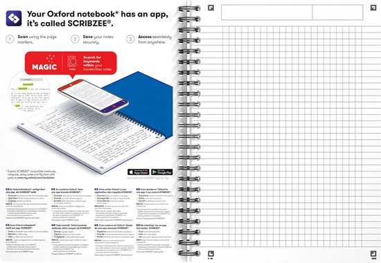 Grijze en blauwe Oxford notitieboek met geruite pagina's en SCRIBZEE app-instructies.