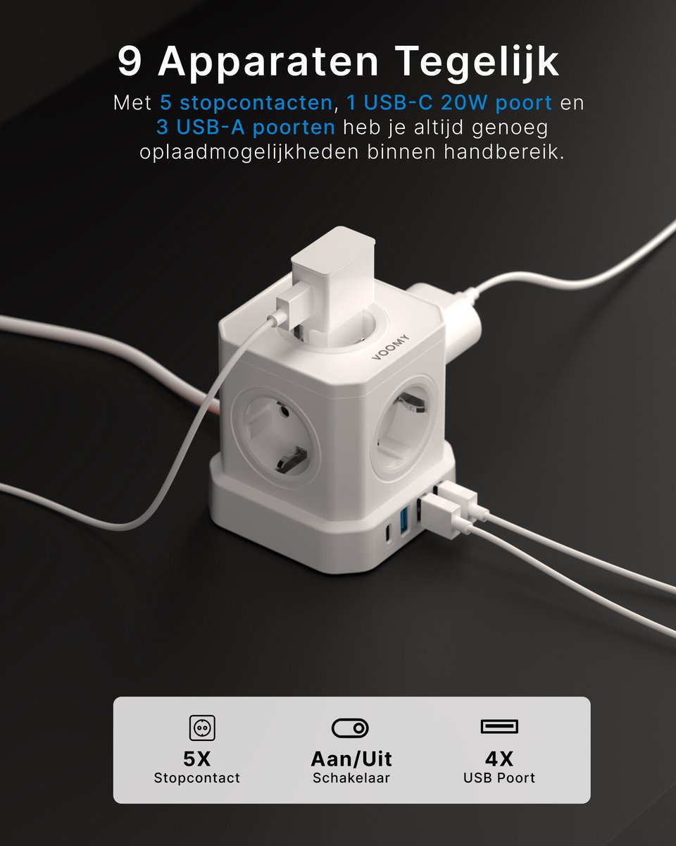 Multiprise Voomy Cube 2.0 avec Interrupteur - 1 Chargeur Rapide