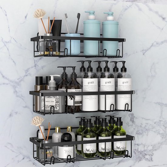 Doucheplank zonder boren, 4 stuks, badkamerorganizer met grote capaciteit, duurzame shampoohouder voor douche, doucheplank zonder boren, badkamer, doucheplank, hoekrek voor douche en badkuip, zwart