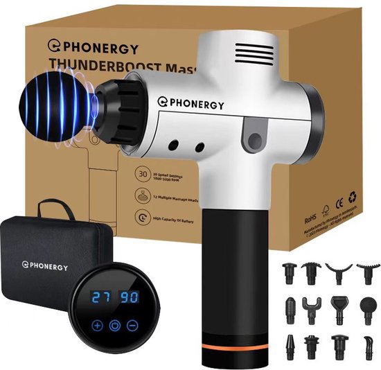 Phonergy Thunderboost - Massage Gun- Massage Apparaat - Massage Gun Professioneel - - Zeer Krachtig - Extreem Stil - 12 Opzetstukken - 30 Standen - Grijs