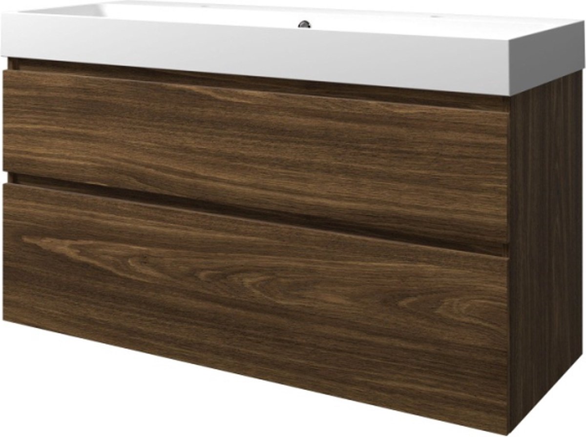 Proline polystone Loft badmeubelset met wastafelonderkast met 2 asymmetrische lades en polystone wastafel met 2 kraangaten 120 x 70 x 46 cm, cabana