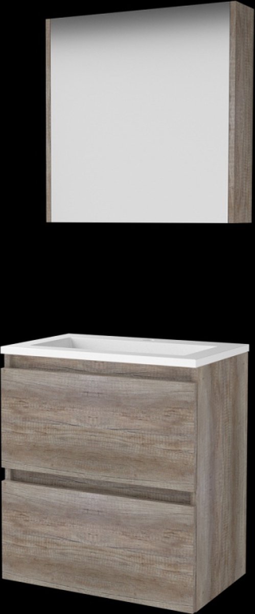 Basic Comfort 39 badmeubelset met spiegelkast, greeploze wastafelonderkast met 2 lades en porseleinen wastafel met 1 kraangat 60 x 39 cm, scotch oak
