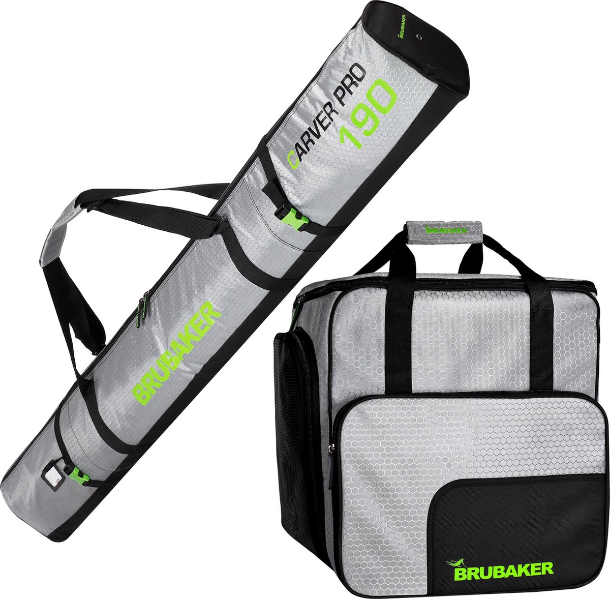 BRUBAKER Combi Set CarverTec Pro - Skitas en Skischoen Tas voor 1 paar ski's + stokken + schoenen + helm - Zilver Groen
