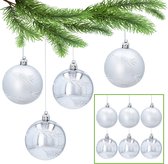 Zilveren kerstballen in visgraatmotief, set kunststof kerstballen, kerstboomversiering 7cm, 6 stuks