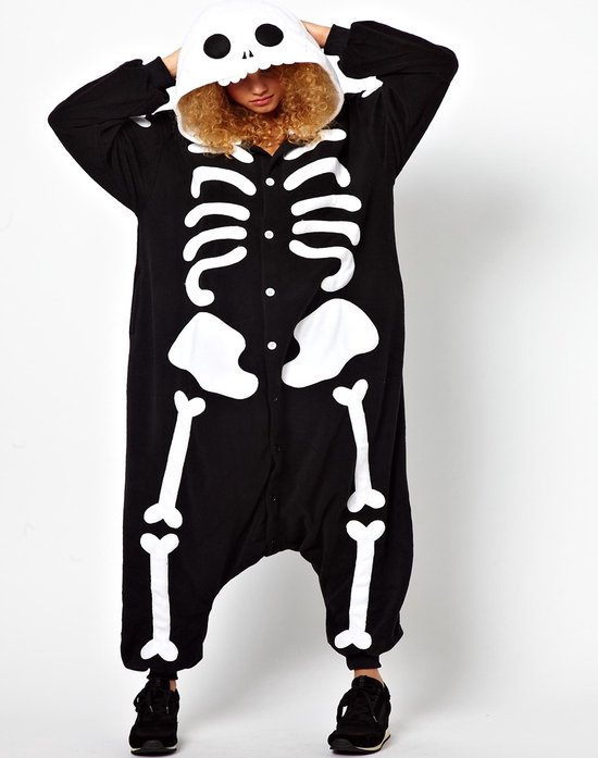 KIMU Onesie Skelet Pak - Skeletpak Kostuum Zwart Wit Botten - Huispak Jumpsuit Pyjama Festival