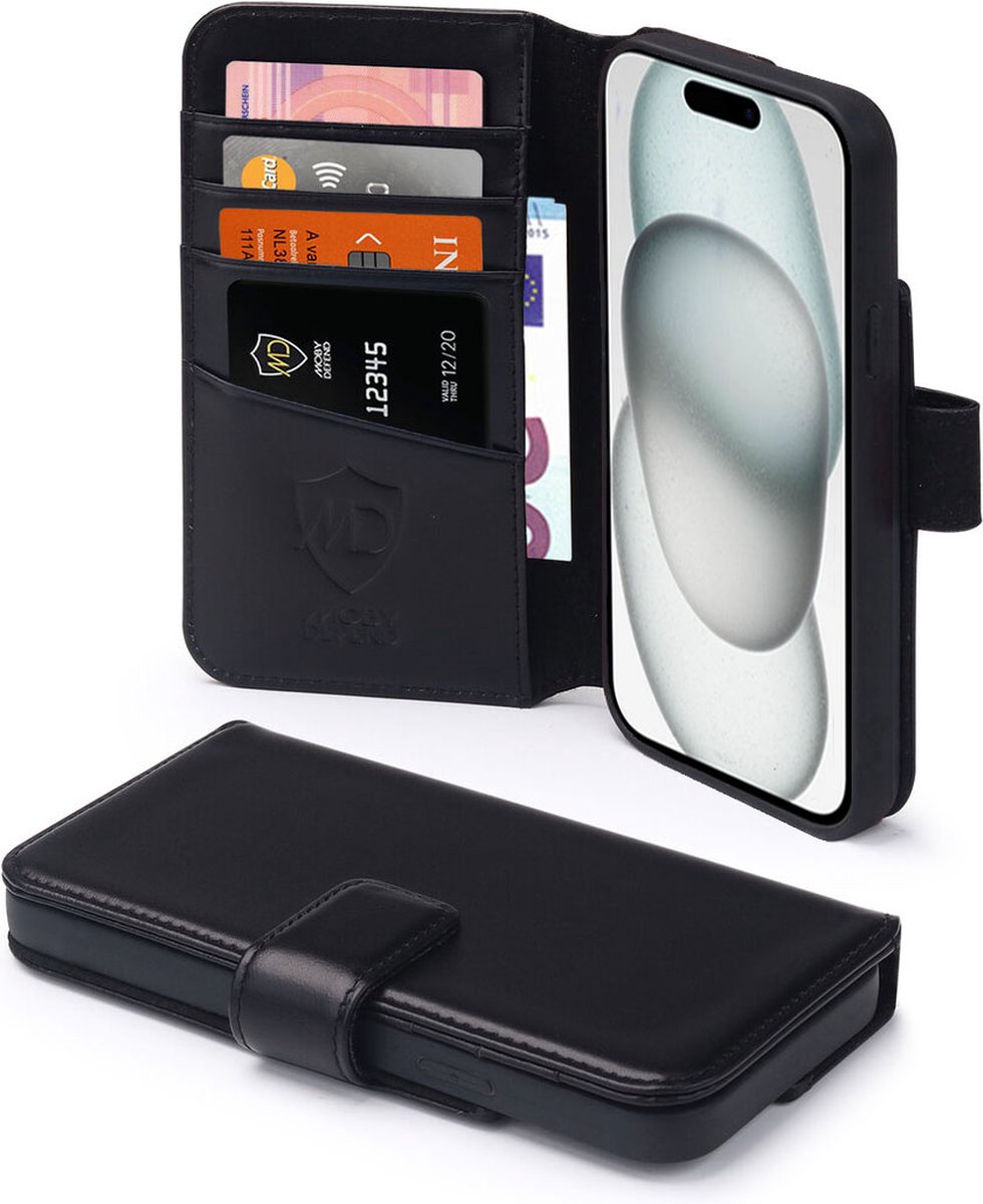 iPhone 15 Hoesje - Luxe MobyDefend Wallet Bookcase - Zwart - GSM Hoesje - Telefoonhoesje Geschikt Voor iPhone 15 - MobyDefend