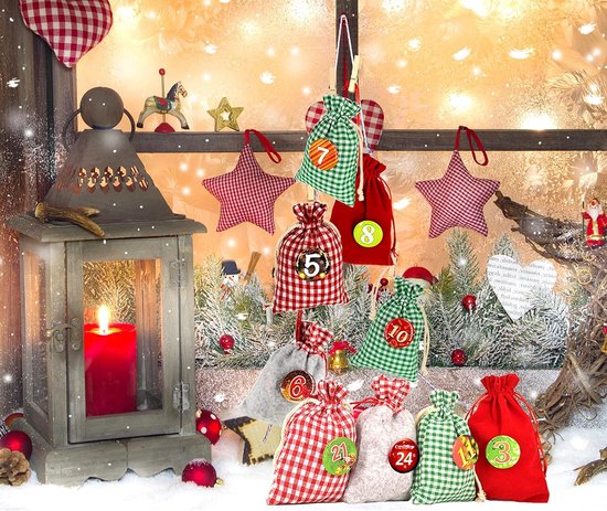 Calendrier De L'Avent DIY 24 Sacs En Coton - Kit Avec Pinces Bois Et Ficelle - Motifs Colorés Réutilisables