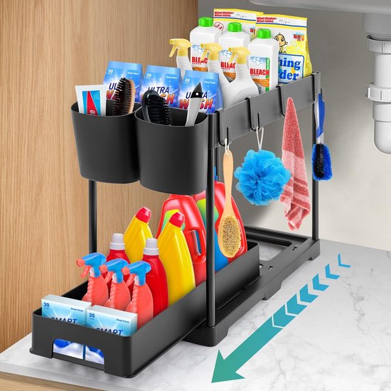 Wastafel Rek Onder wastafel rek, spoelkastorganizer met 4 haken en 2 kopjes, 2 ...